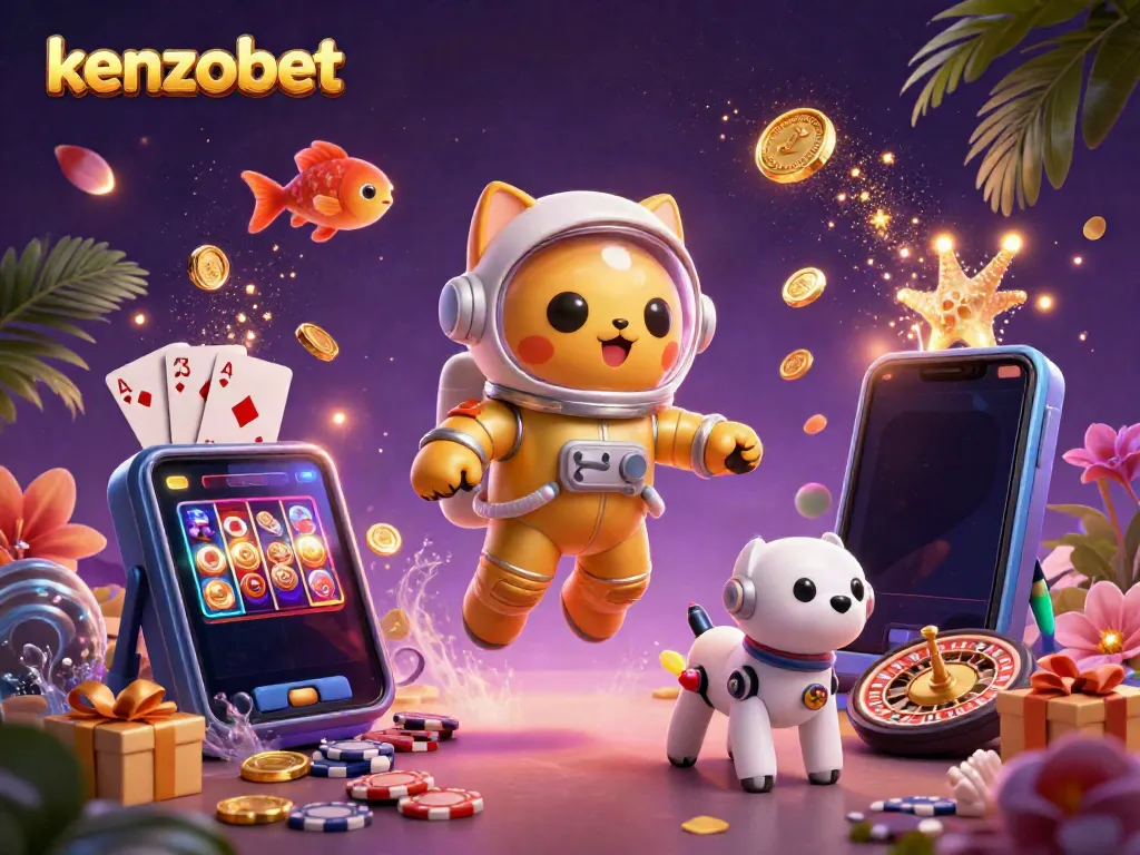 Kenzobet brings excitement with a 3D illustration of a floating astronaut cat, robot dog, and fun casino elements.