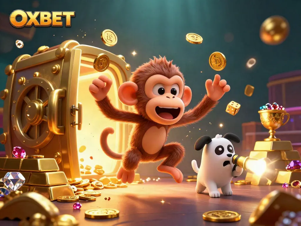Experience OXBET's dynamic casino scene with a playful monkey and ghost-hunter puppy surrounded by treasures.