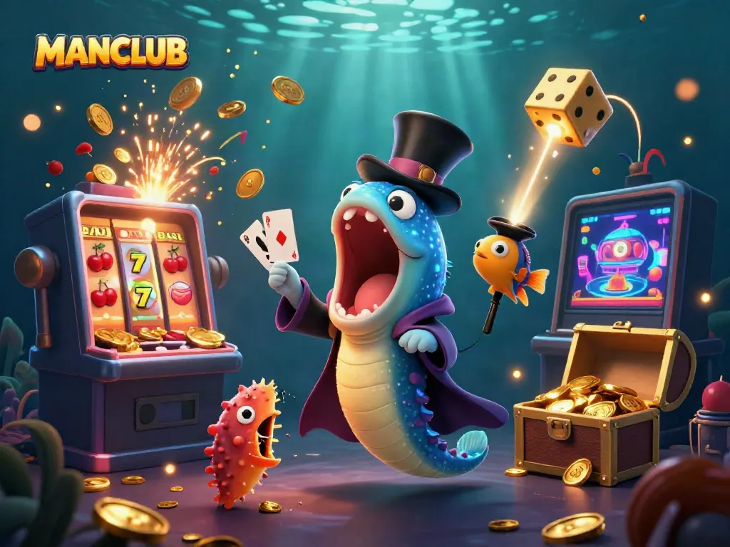 Engage with MANCLUB's animated casino magic featuring rich 3D illustrations of unique sea creatures.