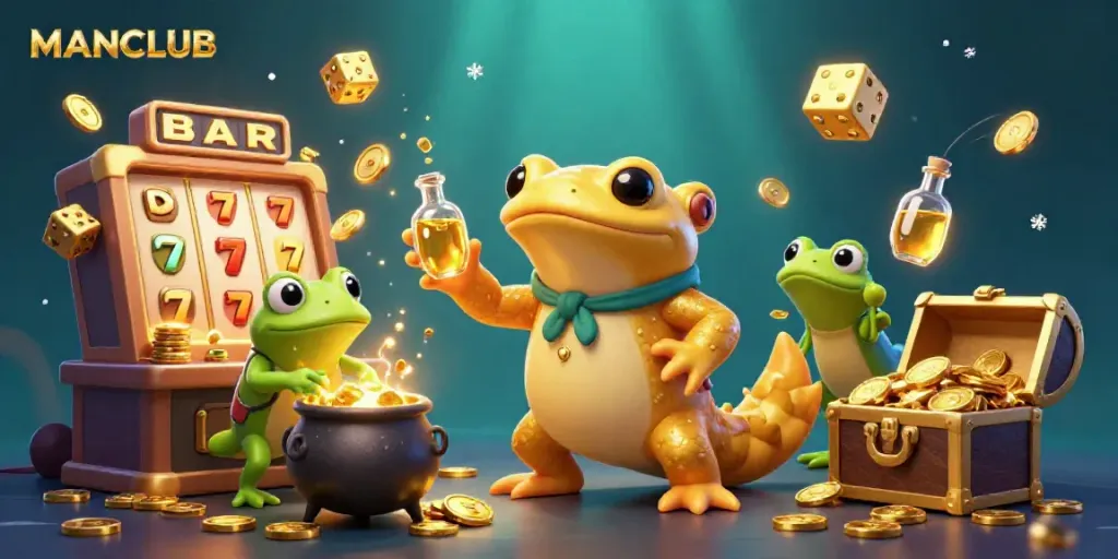 Experience MANCLUB adventures with giant salamander alchemist and jackpot wins in a vibrant casino.
