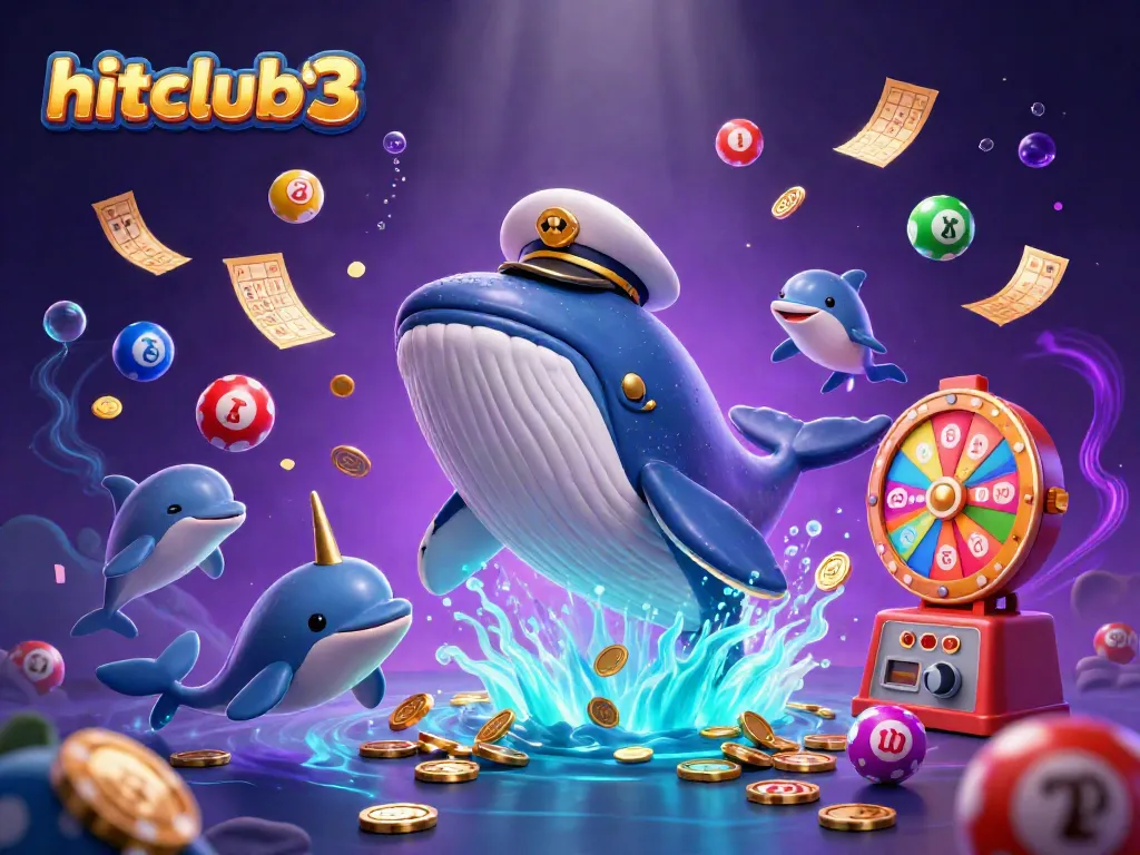 Engage with hitclubt3, where a giant whale celebrates among casino treasures, showcasing vibrant gaming excitement.