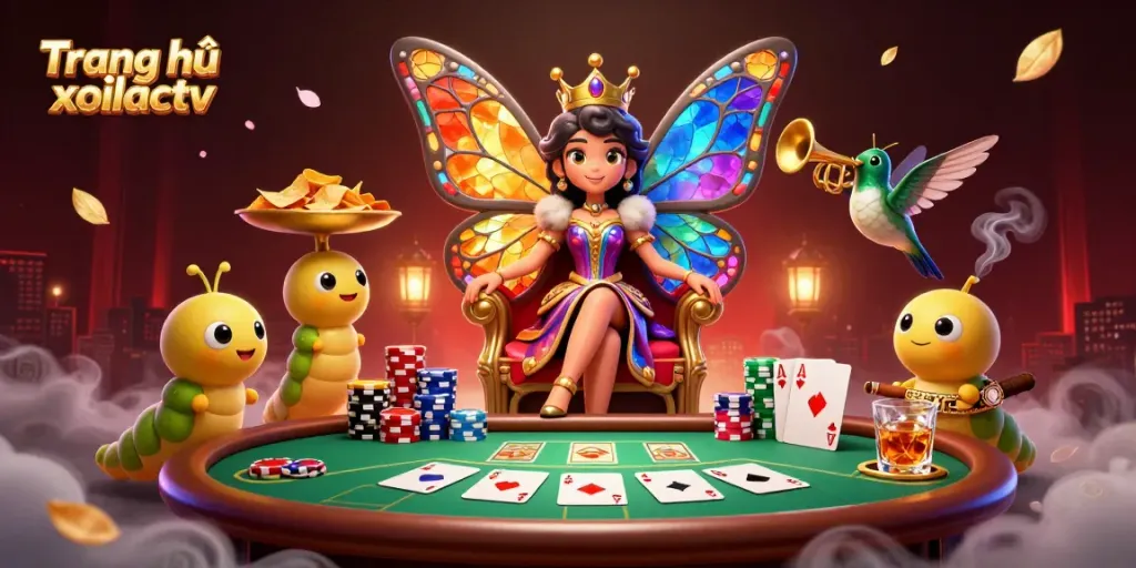 Immerse in the vibrant scene at Trang chủ xoilactv featuring a cartoon butterfly queen among poker elements.