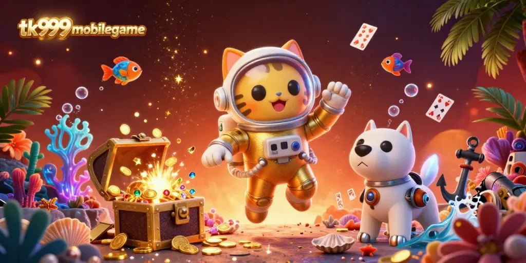 Experience thrilling gameplay with the tk999mobilegame as a cartoon astronaut cat explores rich treasures and vibrant underwater elements.