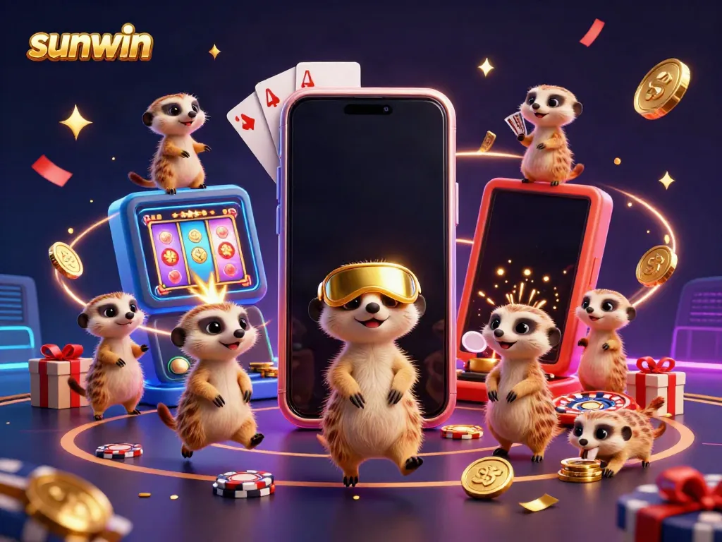 Experience the vibrant casino charm of sunwin with lively meerkats engaging in gaming excitement.