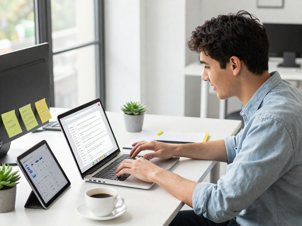 Sogou input method interface on a laptop, enhancing typing efficiency in a modern office setting, showcasing the advantages of 使用搜狗拼音输入法官网.