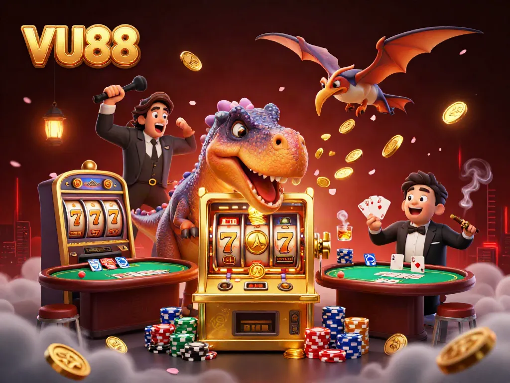 VU88 features a playful cartoon dinosaur interacting with a slot machine amidst vibrant casino elements.