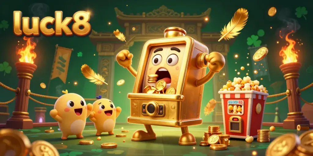 Experience luck8 with a golden slot machine in a vibrant casino-themed scene, celebrating its jackpot.