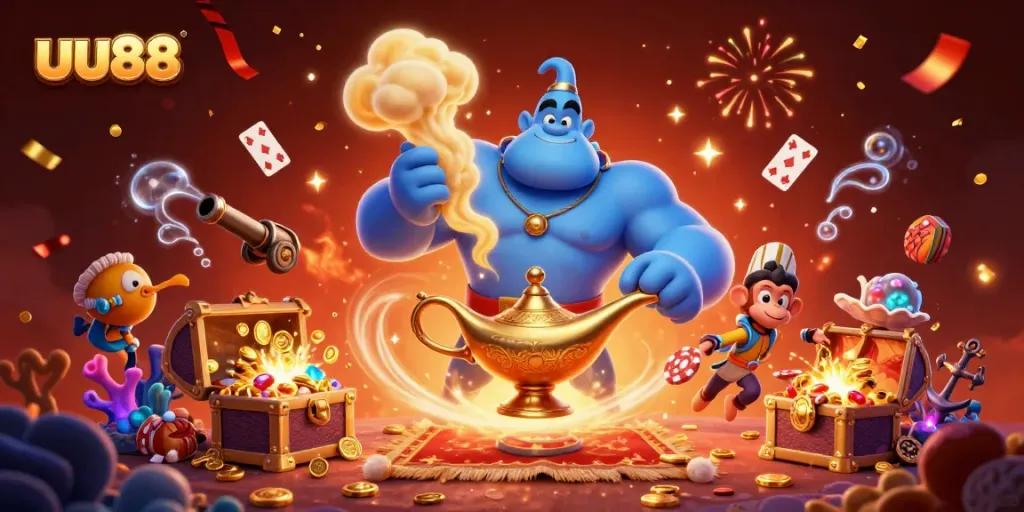 Experience exhilarating gaming action with uu88, featuring vibrant casino elements and dynamic characters.