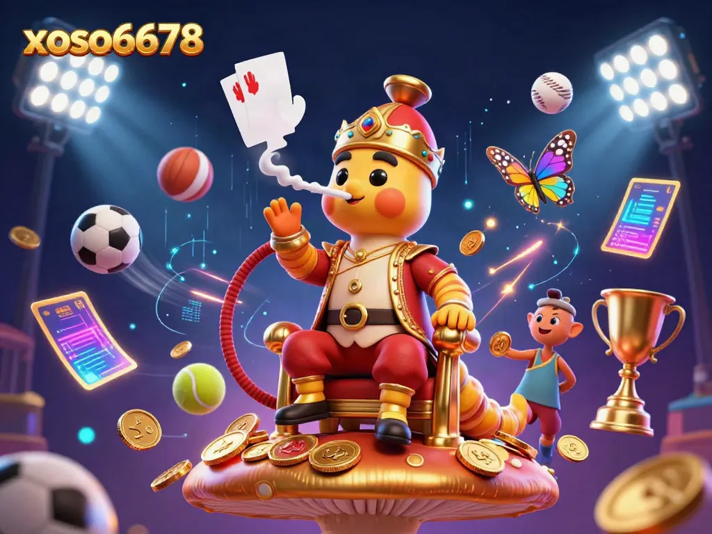 xoso6678 gaming scene featuring a Turkish sultan caterpillar blowing smoke rings in a vibrant casino setting.