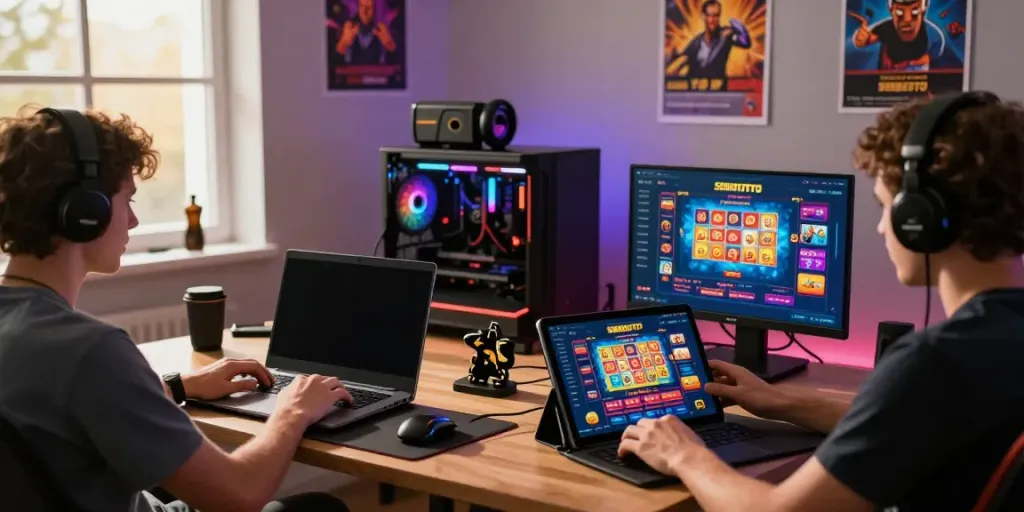 Users engaging with SERIBUTOTO platform for online lottery games in a vibrant gaming setup.