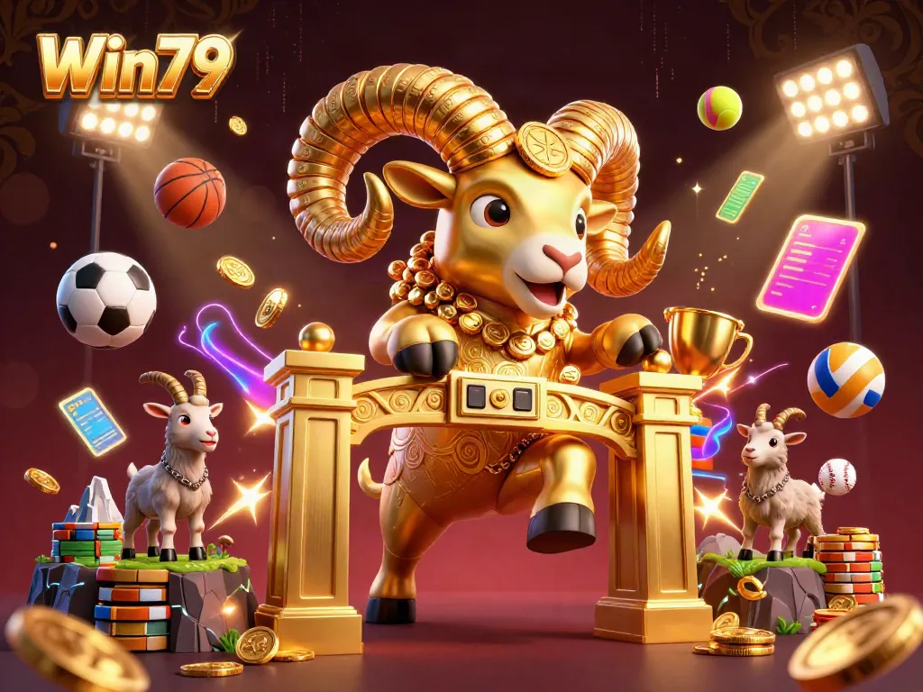 Witness the excitement of Win79 with a massive golden ram charging through a vibrant casino scene, bursting with energy.
