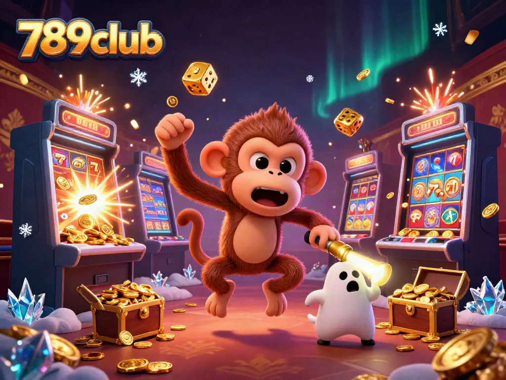 Experience thrilling gameplay at 789club with the playful poltergeist monkey juggling dazzling casino treasures.
