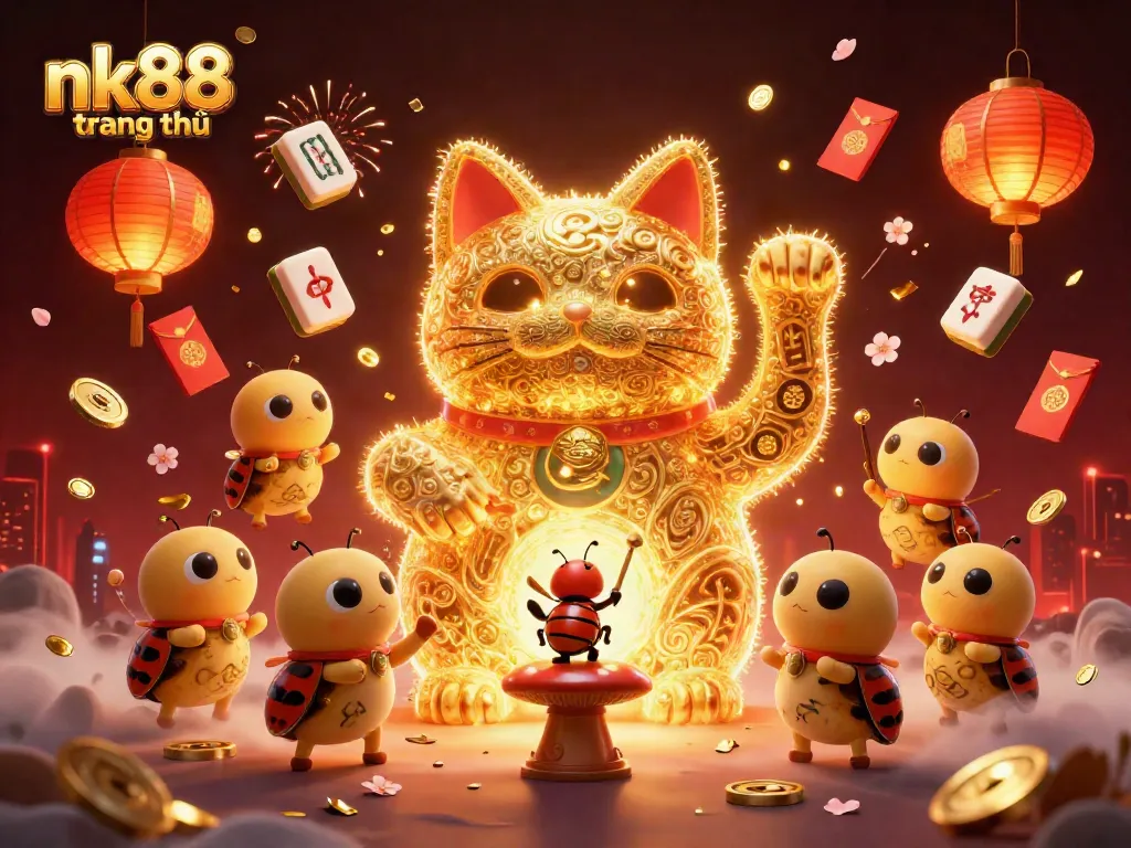 Engage with nk88 trang chủ in an imaginative 3D scene of casino elements and lucky symbols.
