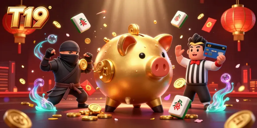 Experience T19 with a golden piggy bank sumo wrestler, wallet-ninja, and action packed casino setting.