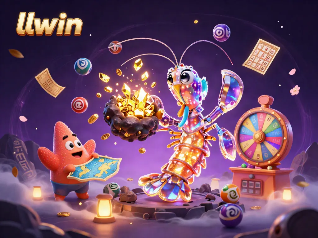 llwin's vibrant scene features a galactic mantis shrimp battling asteroids with colorful lottery elements.