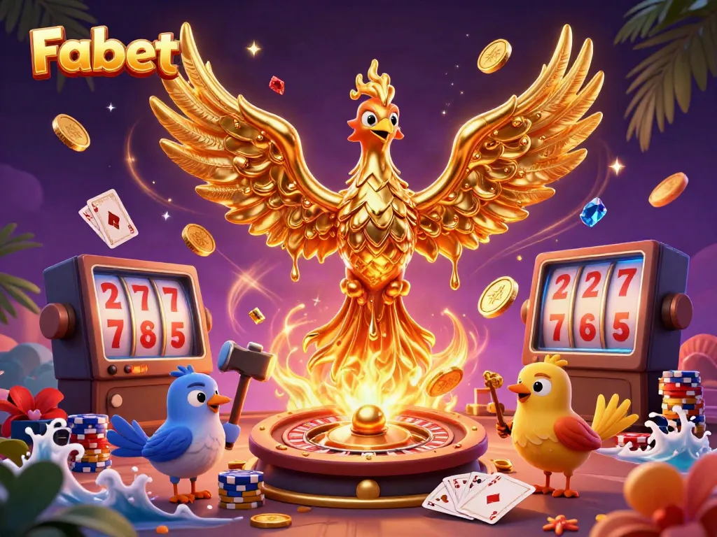 Experience winning with Fabet's molten phoenix and dynamic casino elements in a vibrant illustration.
