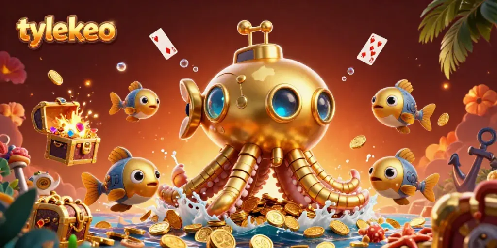 Engage in thrilling gameplay with tylekeo, featuring a golden kraken submarine amidst gold coins and underwater treasures.