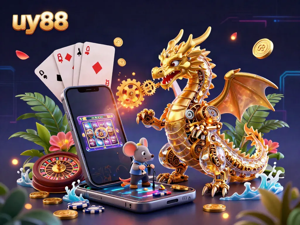 Engage with uy88 through a vibrant 3D gaming scene featuring a dragon, golden coins, and slot games.