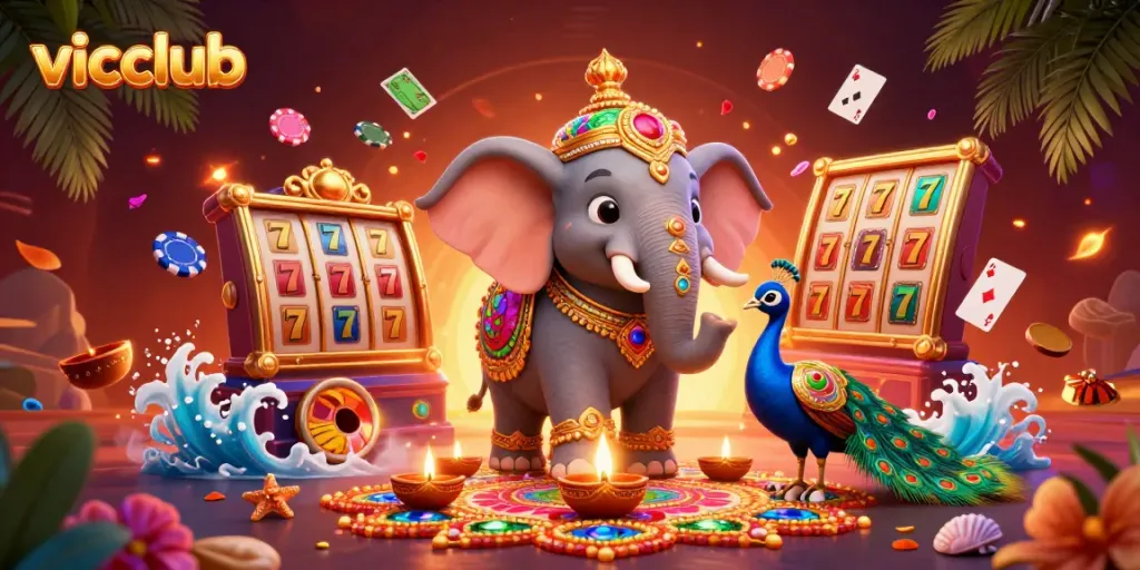 Vicclub showcases an energetic casino scene with vibrant characters and slot game elements.