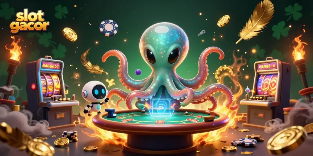 Slot gacor menarik dengan alien bertema kasino dan elemen permainan yang dinamis.