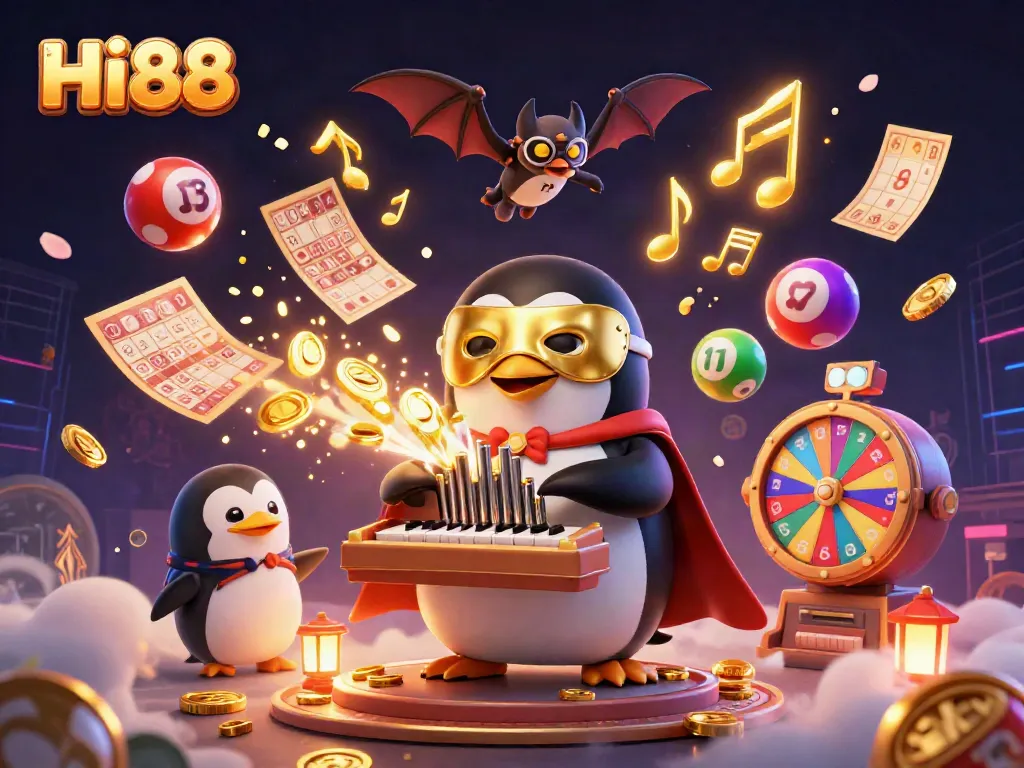 Experience thrilling gameplay at HI88 with a vibrant 3D scene showcasing animated characters, golden coins, and lottery excitement.