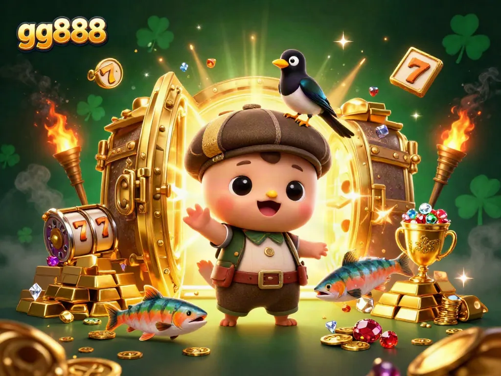 Engage with gg888's dynamic gaming scene featuring cartoon characters and treasure items.