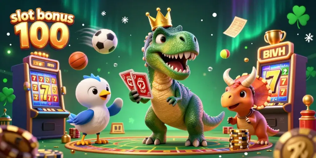 Illustration of T-Rex and friends engaging in fun casino action, highlighting slot bonus 100.