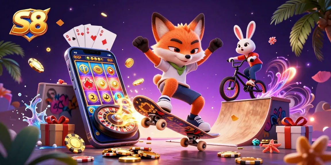 S8 engages players with vibrant cartoon casino scene featuring dynamic characters and exciting game elements.