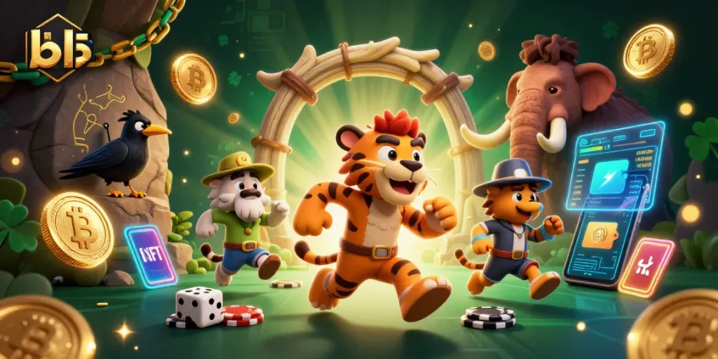 Bl555 showcases a vibrant prehistoric casino scene with caveman characters using stone chips and cryptocurrencies.