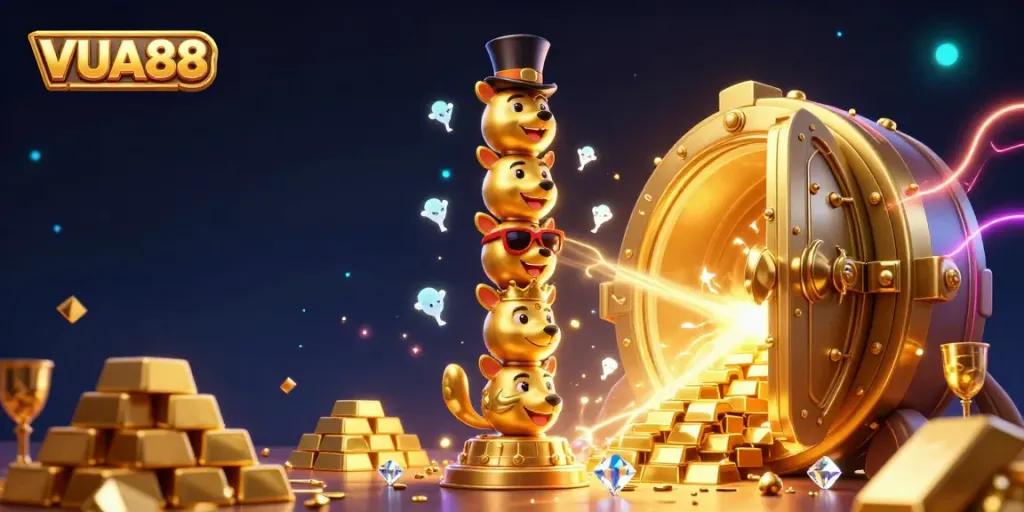 Experience the excitement of VUA88 with vibrant casino elements and a playful golden totem.