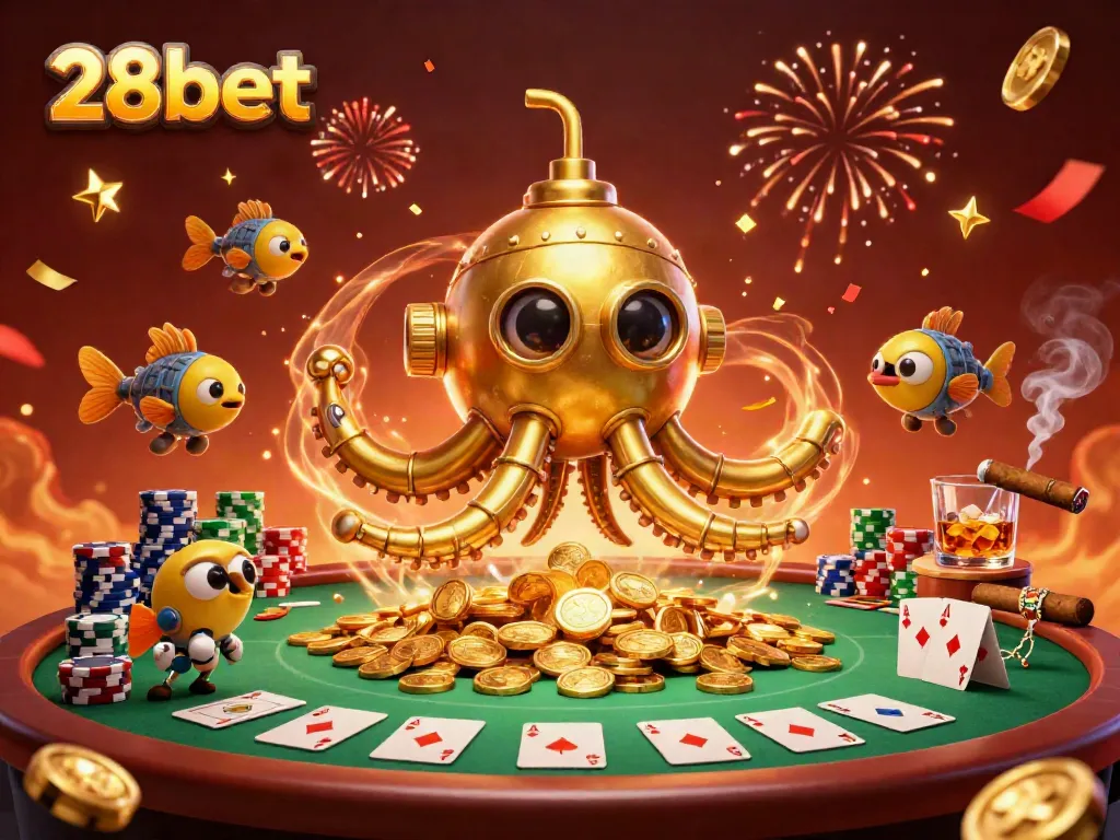 Experience thrilling moments at 28bet with an adventurous kraken submarine in a vibrant casino scene.