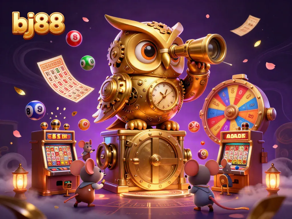 Experience the thrilling action of bj88 with a vibrant 3D casino illustration featuring a golden owl and animated elements.