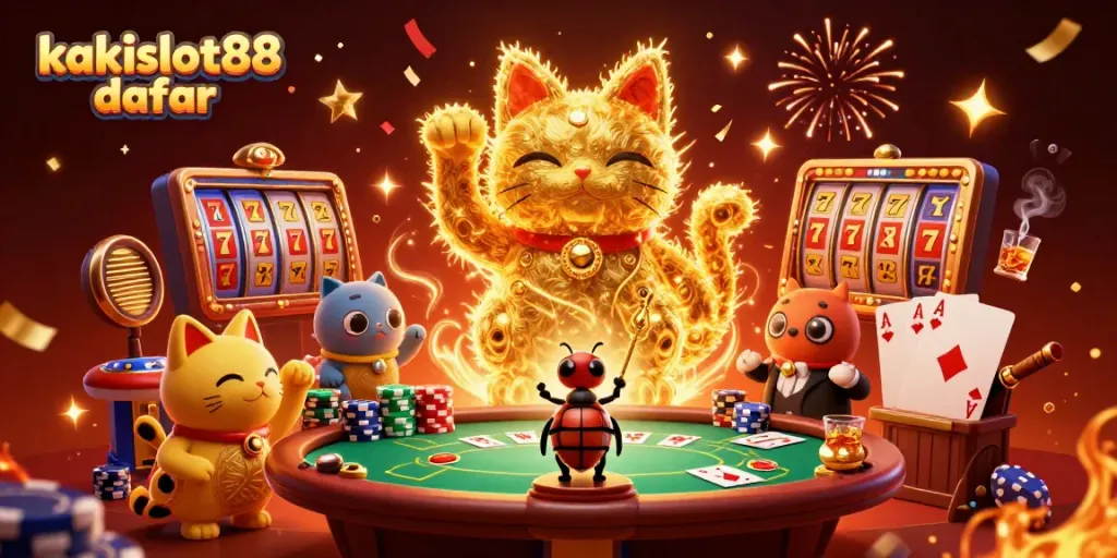 Kakislot88 daftar menampilkan ilustrasi 3D kucing keberuntungan dengan simbol kasino mengelilingi meja poker berwarna hijau.