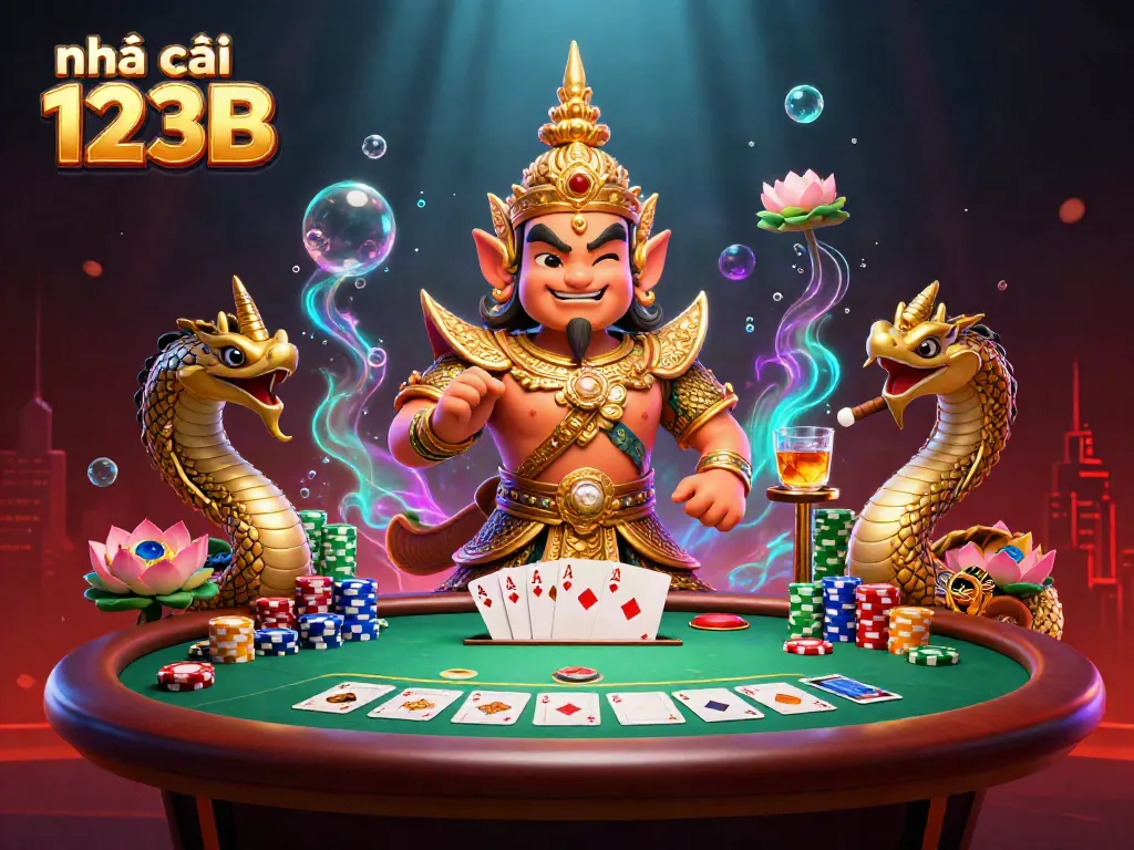 Experience the vibrant energy of nhà cái 123B with engaging casino characters and dynamic poker elements.