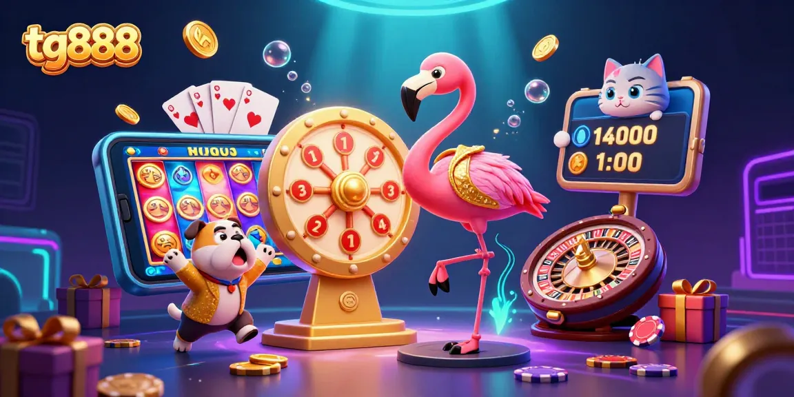 Engage with tg888's dynamic slot gaming scene featuring a flamingo host, bulldog contestant, and cat assistant.