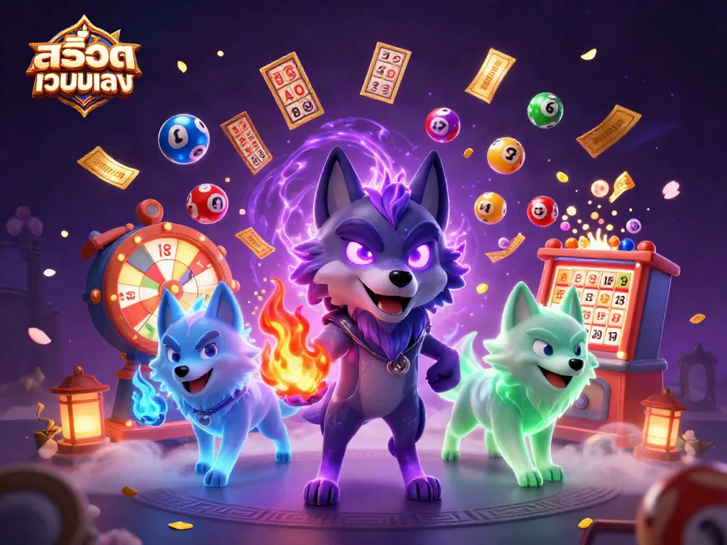 Experience thrilling wins with สล็อตเว็บตรง surrounded by vibrant lottery balls and ghostly wolf guardians.