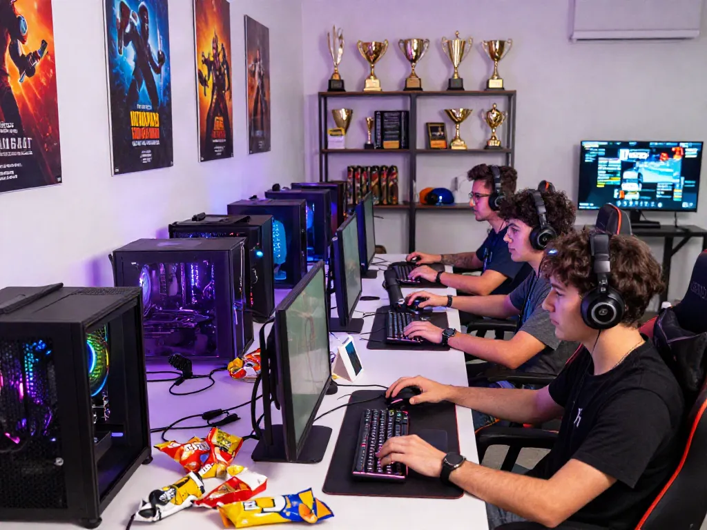 Kilat404 gaming community scene with diverse gamers competing in an energetic online environment.