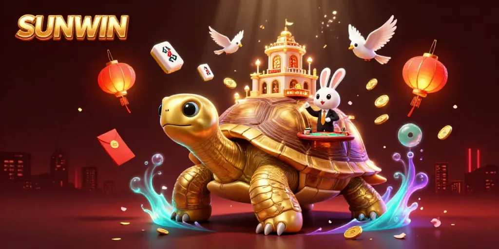Engage with the SUNWIN casino experience as a golden tortoise showcases vibrant gaming elements, featuring a rabbit dealer.