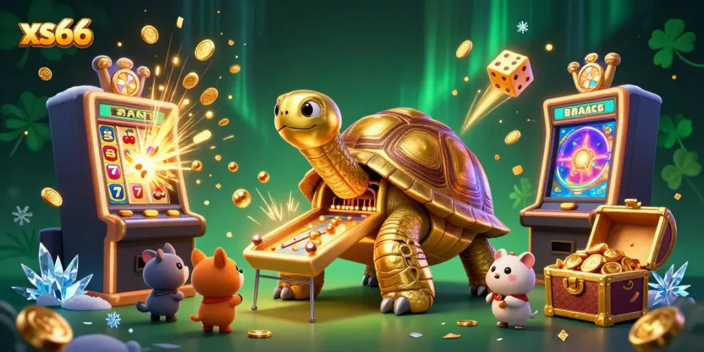 Experience the vibrant xs66 gaming scene with animated characters and exciting slot machines bursting with winnings.