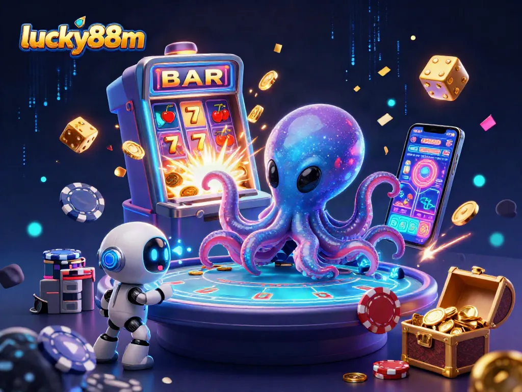 Experience thrilling gaming at lucky88m with vibrant symbols exploding from a slot machine.