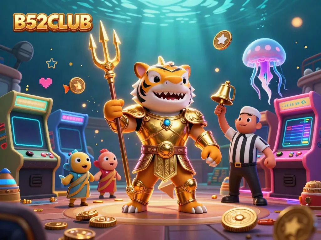 B52CLUB showcases a vibrant underwater colosseum featuring a tiger shark in armor, surrounded by gaming elements.