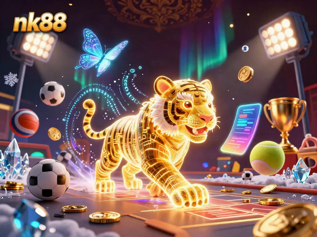 Experience the excitement of nk88 in a vibrant 3D casino scene filled with sports elements and dynamic action.