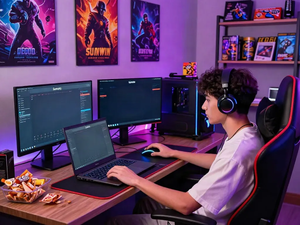 Excited player enjoying Sunwin gaming interface in vibrant atmosphere