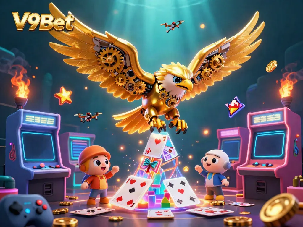 Experience stunning V9Bet gaming with a golden eagle soaring through holographic cards amidst vibrant casino elements.