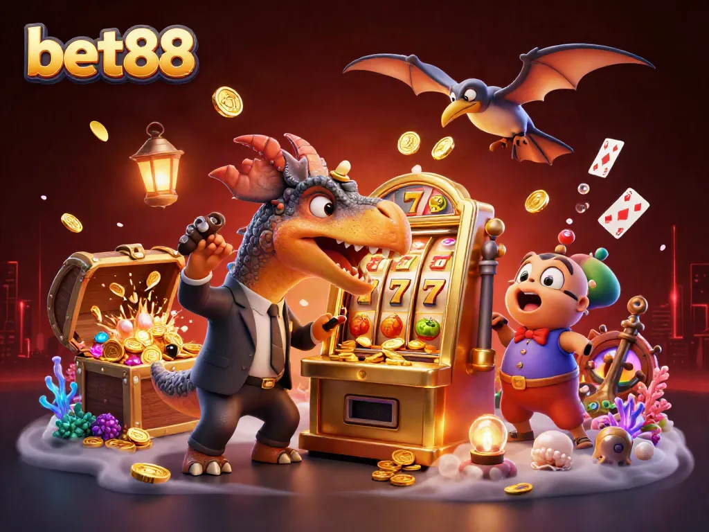 Experience excitement at bet88 with a dinosaur-themed casino scene paying out jackpots amidst colorful treasures.