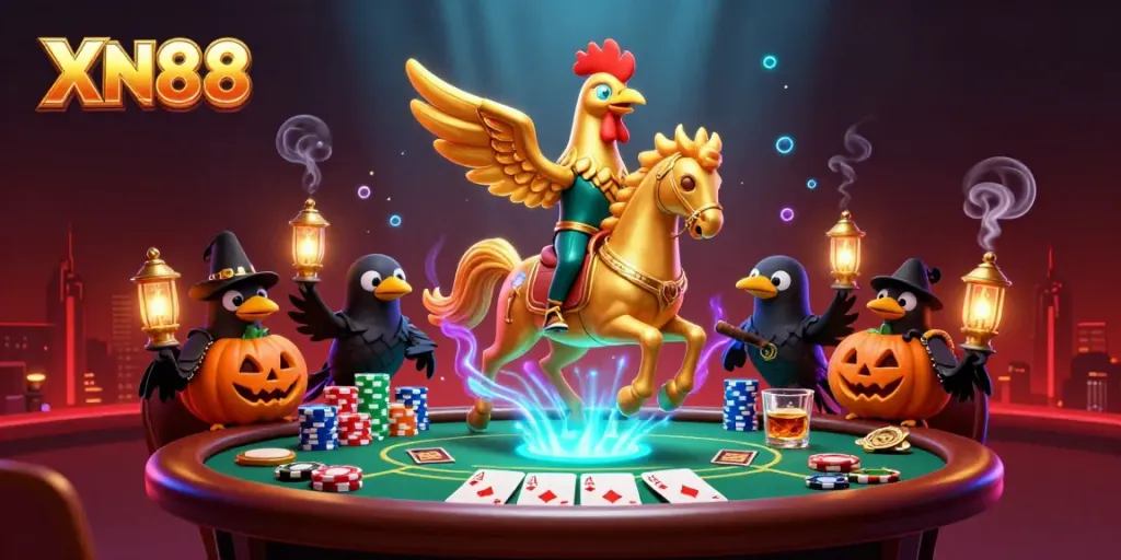 Experience thrilling gaming action with XN88 in a mystical casino scene featuring cartoon characters.