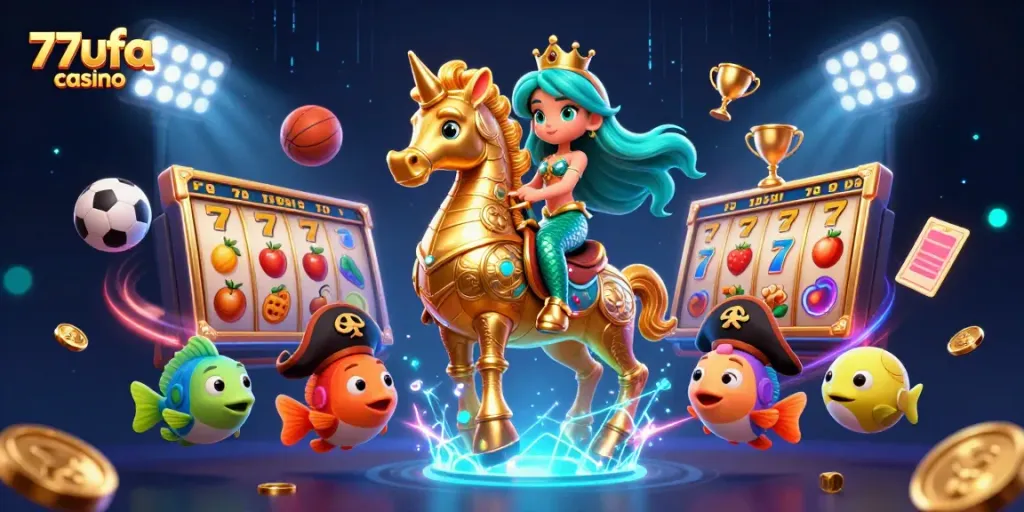 Experience the excitement of 77ufa casino with an energetic mermaid scene celebrating winning bets and jackpots.