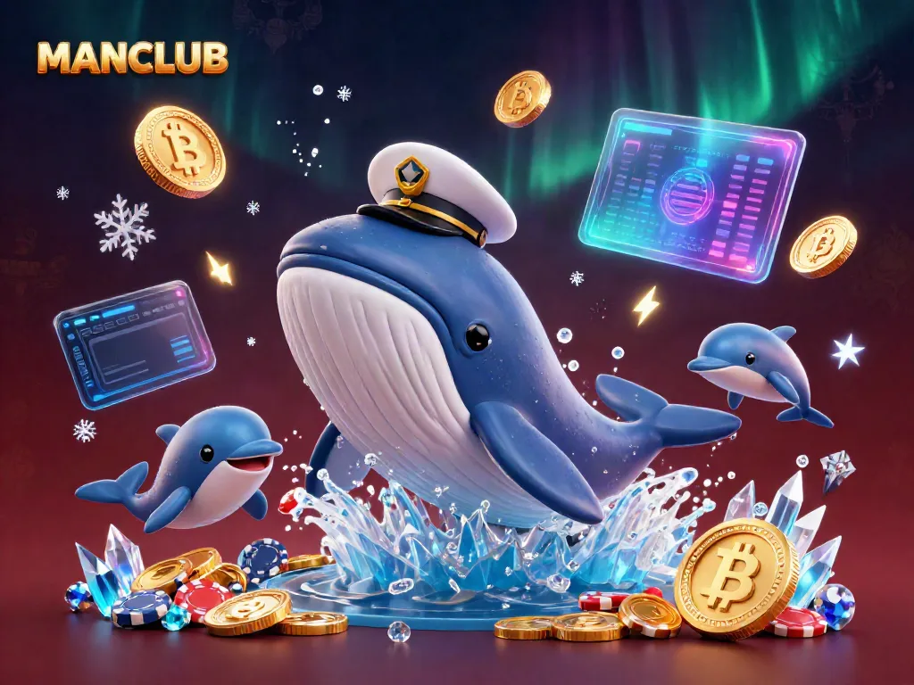 Experience the excitement of MANCLUB with whales, dolphins, and crypto coins in a stunning casino scene.
