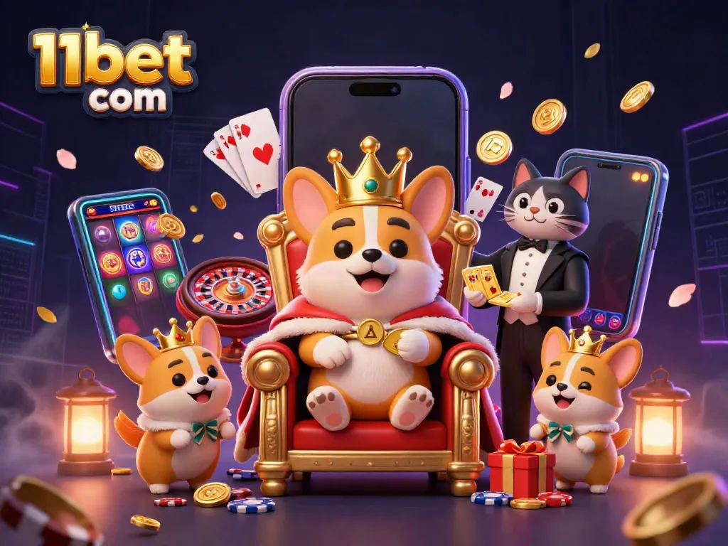 Experience the thrill at 11bet com with an exciting 3D casino scene featuring royal corgis and vibrant games.
