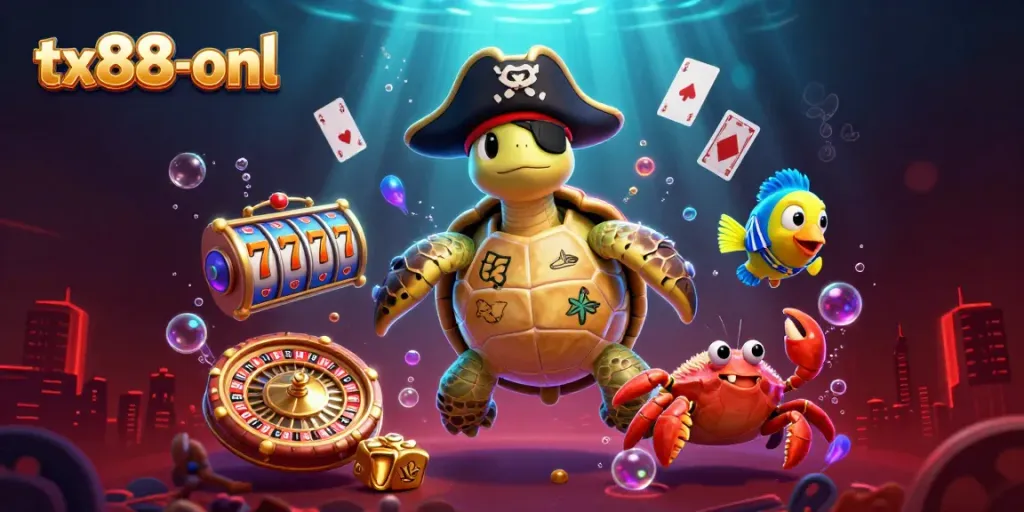Experience the excitement at tx88-onl with a lively 3D casino scene featuring pirate-themed characters.